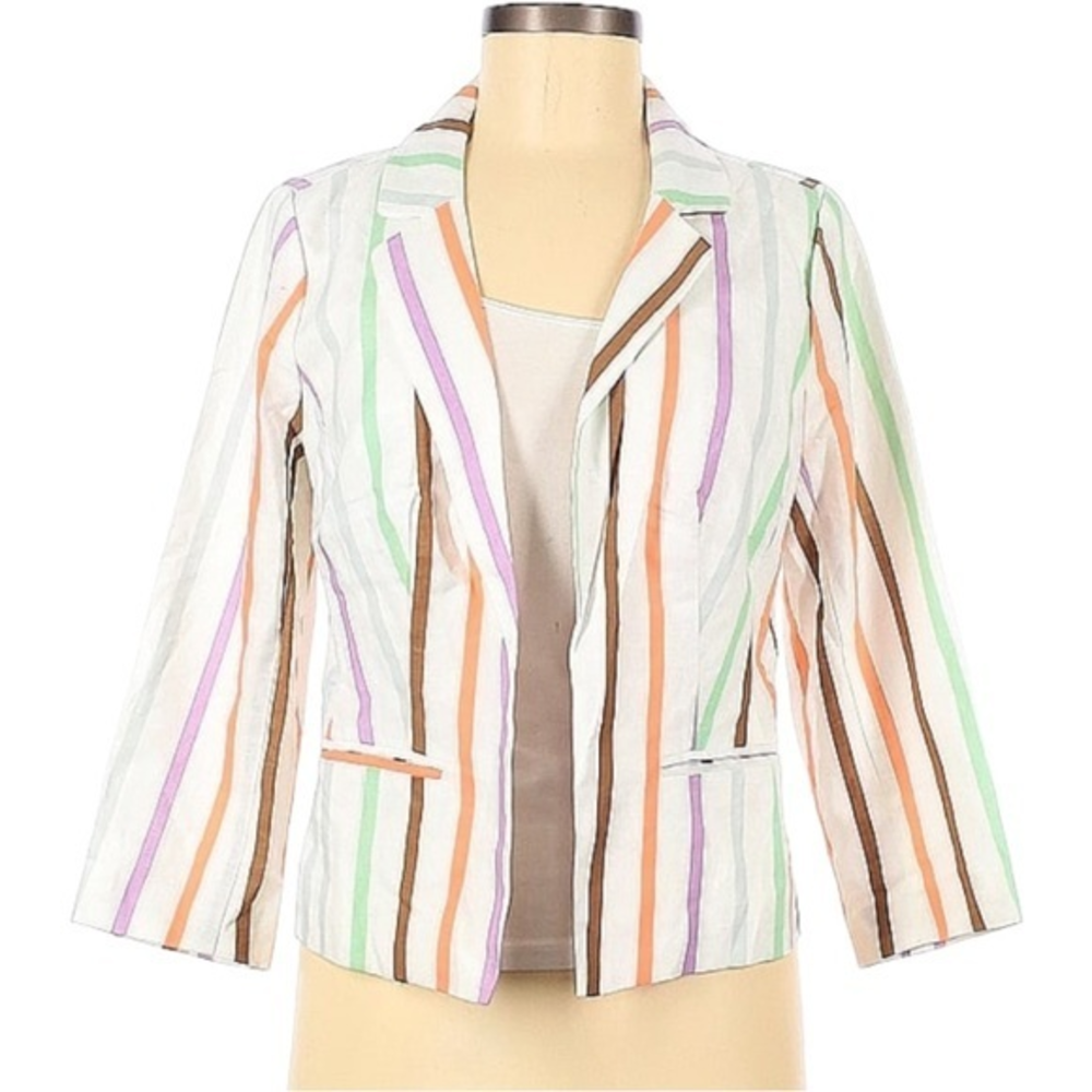NWT ModCloth M white rainbow stripe open linen blend crop 3/4 sleeve blazer